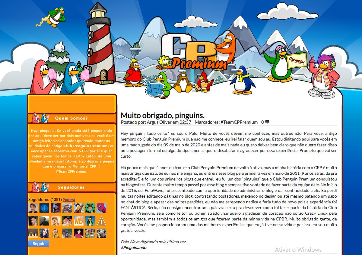 cppremiumon's tweet photo. Depois de alguns meses do fechamento do projeto CPP, hoje dia 9 de Maio, é lançado o memorial do blog do CP Premium. Muito obrigado pinguins! Com direito à última postagem do PoloWave e uma despedida arquivada do Crazy Linux. Foi bonito, foi! https://t.co/lHJOhn7JP9 https://t.co/KwJs8pTX6E