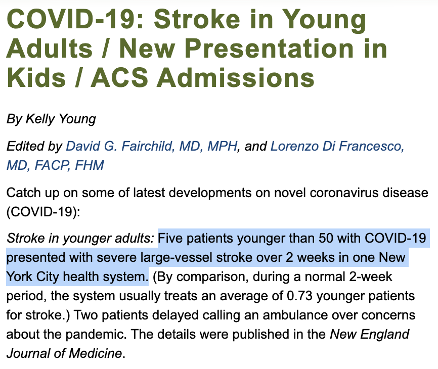 Finally, there's recent reports of strokes in young folks and Kawasaki-like illness in children in the US & UK.The rate is up over previous years, BUT these are still small samples and the connection to COVID-19 is still being puzzled out. So this is  https://twitter.com/balajis/status/1253376567004127232