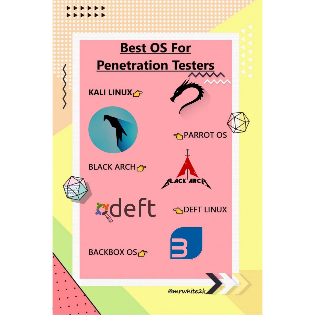 mrwhite2k's tweet photo. 🔰Best OS for Penetration Testers🔰
#mrwhite2k #kalilinux #parrotos #deftlimux #blackarch #backboxos
#cybersecurity #hacking #security #technology #hacker #infosec #tech #ethicalhacking #malware #cyber #cybercrime #kalilinux #programming #hackers #linux #hack #cyberattack https://t.co/DrmMGkhPXC