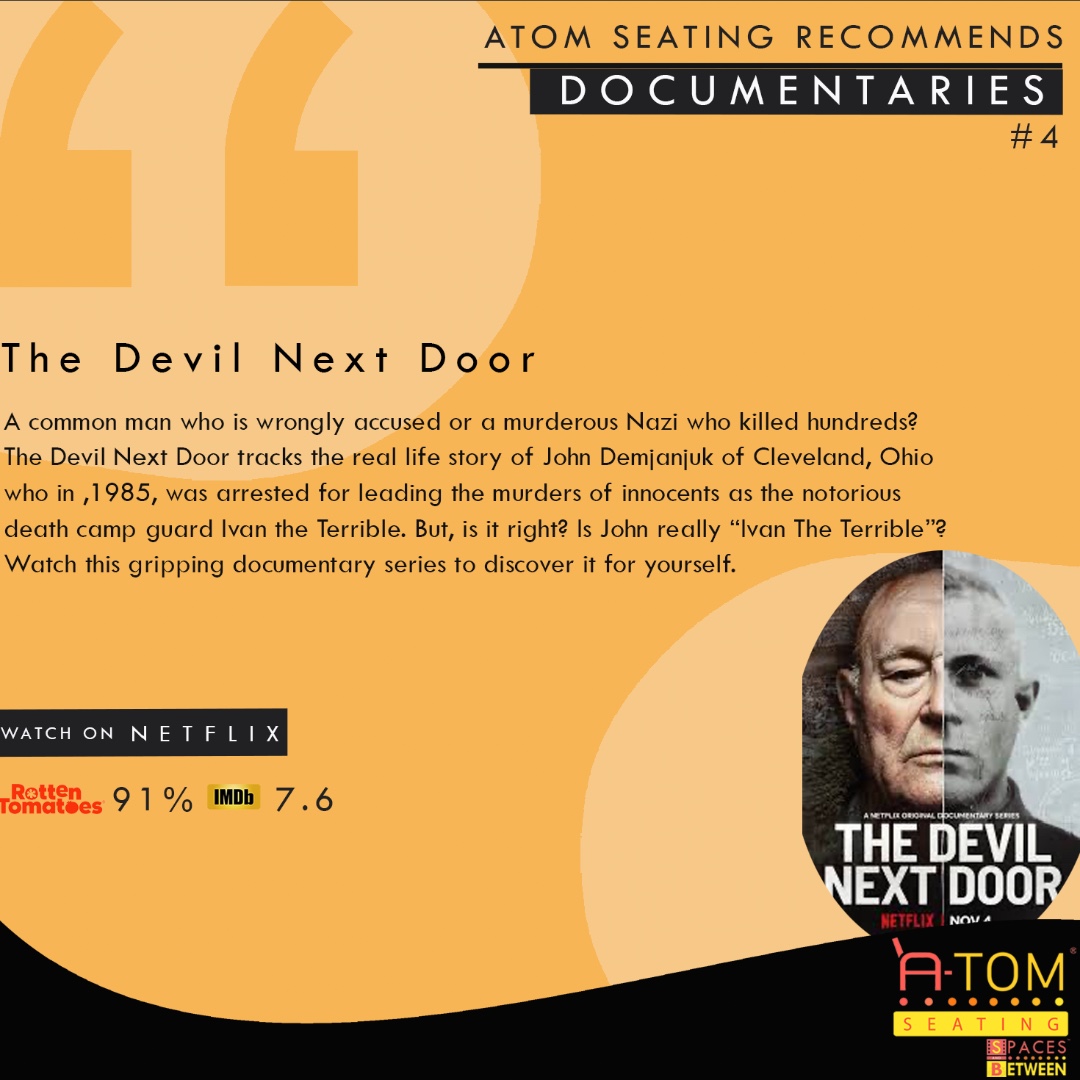 AtomSeating's tweet photo. Documentary Countdown - 4
The Devil Next Door
#Documentary #AtomSeating #BoredAtHome #Binging #DocumentariesToWatch #Netflix #NetflixDocumentary #InclineToRecline #StayAtHome #HomeStay #MustWatch #StayHome #StaySafe #Bored #Movies #Shows #Drama #War https://t.co/rK9a18ZSgc