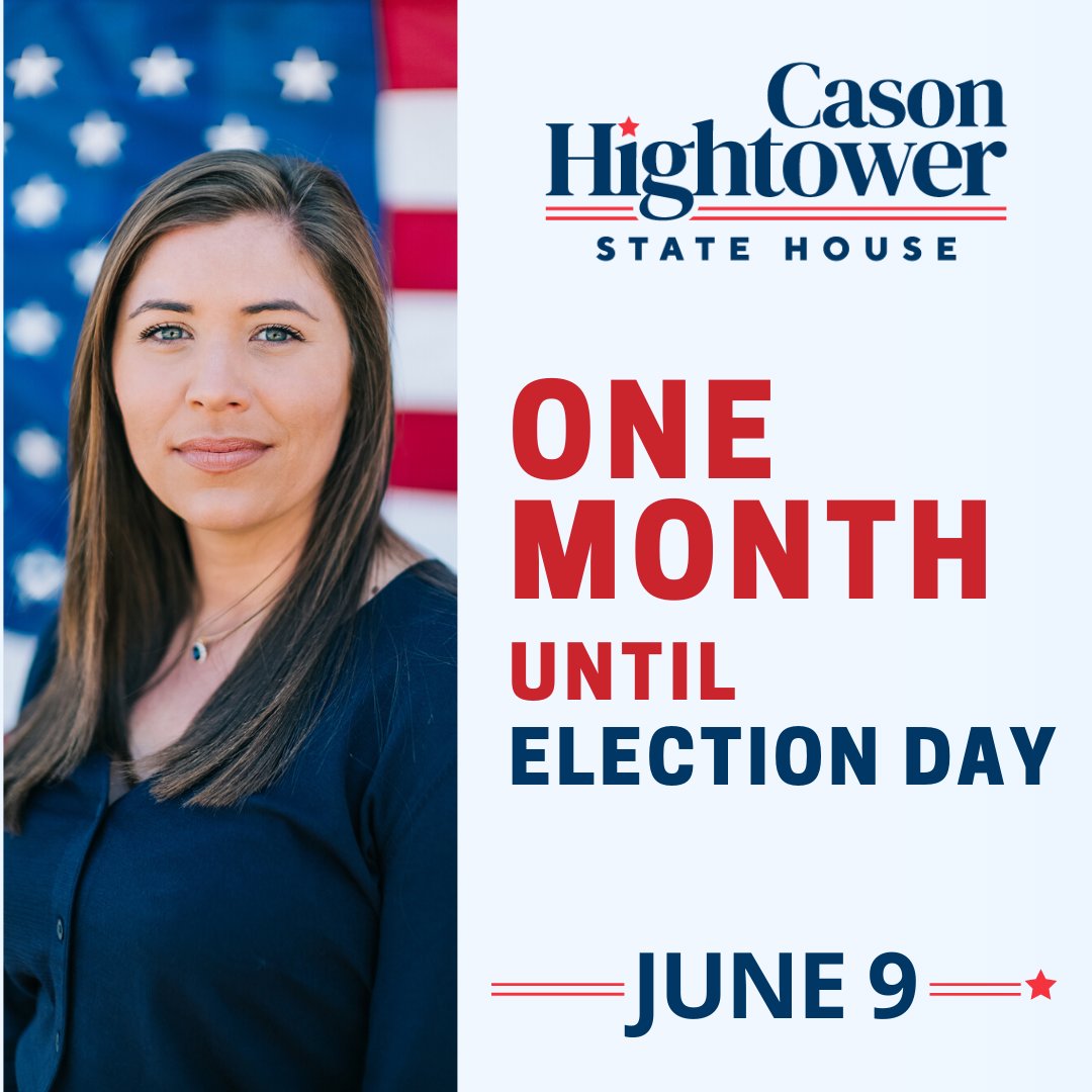 CasonHightower's tweet photo. One month until it's time to cast your vote! I'm asking you to #VoteHightower for State Representative 🇺🇸  

If you have any further questions regarding my political stance or views, please contact me at 770-537-7449 or casonhightower@gmail.com. https://t.co/bo4PynoakG