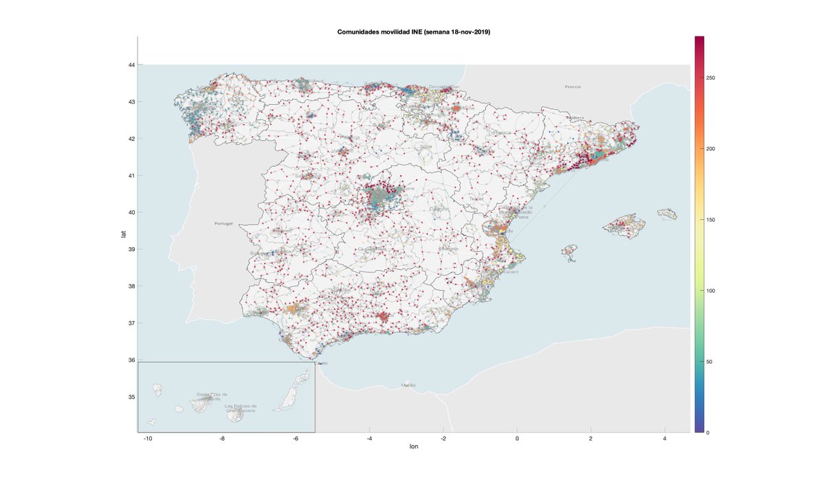 mrebollo's tweet photo. ¿Por qué cuesta tanto controlar el SARS-Covid-2? porque nos movemos muchos. Este mapa está sacado de los flujos de movilidad que publicó el INE https://t.co/oRRAES7dbV