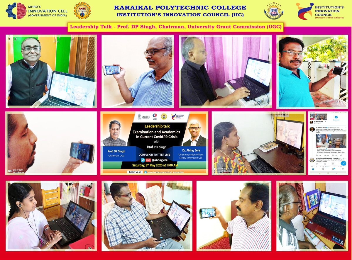 drsandanasamy's tweet photo. Today the #KPTC fraternity joined in an interesting #LeadershipTalk by Prof. DP Singh,Chairman,@ugc_india on "Recent #UGC guidelines on Examination &amp; Academics in current Covid-19 crisis" with Dr @abhayjere,CIO, #mhrd_innovation cell. @AICTE_INDIA @HRDMinistry  #mhrdindia #mhrd https://t.co/C53oRm3NRM
