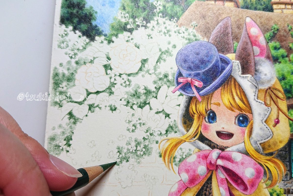 Non בטוויטר 塀の上のモリモリ植物のメイキング 濃い緑で全体の影 黒で一番暗いとこの影 濃い緑の影に少し明るい緑をプラス さらに上から全体を黄緑で塗る ここまでがポリクロモスでの下塗りです 色鉛筆