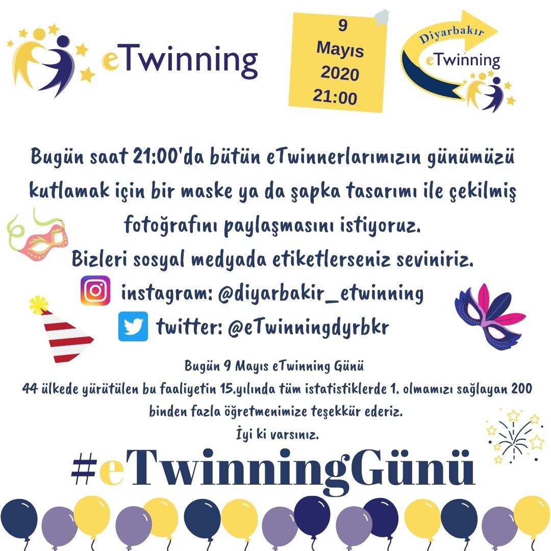 Günümüz kutlu olsun saat 21:00’da kutlama fotoğraflarınızı bekliyoruz.🎊🎉
<a href="/adnanboyaci/">Adnan BOYACI</a> <a href="/feysel_tascier/">feysel taşçıer</a> @mhbucuk @wtantas <a href="/diyarbakirmem/">Diyarbakır İl Millî Eğitim Müdürlüğü</a> @argediyarbakir <a href="/mfatihdoger/">Mehmet Fatih Döğer</a> <a href="/tretwinning/">eTwinning Türkiye</a> <a href="/turangore/">Turan GÖRE</a>