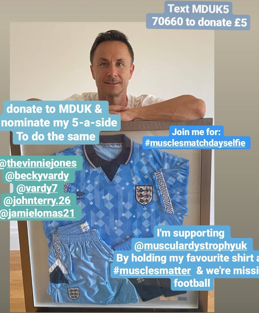 Dennis Wise (@denniswise) on Twitter photo Here’s my #MusclesMatchdaySeflie! Wearing my favourite football shirt to support <a href="/MDUK_News/">Muscular Dystrophy UK</a>, as my #MusclesMatter & I’m missing football! Donate £5 on JG: bit.ly/35CxAn5 or text MDUK5 to 70660 & I nominate
<a href="/VinnieJones65/">Vinnie Jones</a> @RebekahVardy <a href="/vardy7/">Jamie Vardy</a> <a href="/jamielomas1/">Jamie Lomas</a> John Terry Here’s my #MusclesMatchdaySeflie! Wearing my favourite football shirt to support <a href="/MDUK_News/">Muscular Dystrophy UK</a>, as my #MusclesMatter & I’m missing football! Donate £5 on JG: bit.ly/35CxAn5 or text MDUK5 to 70660 & I nominate
<a href="/VinnieJones65/">Vinnie Jones</a> @RebekahVardy <a href="/vardy7/">Jamie Vardy</a> <a href="/jamielomas1/">Jamie Lomas</a> John Terry