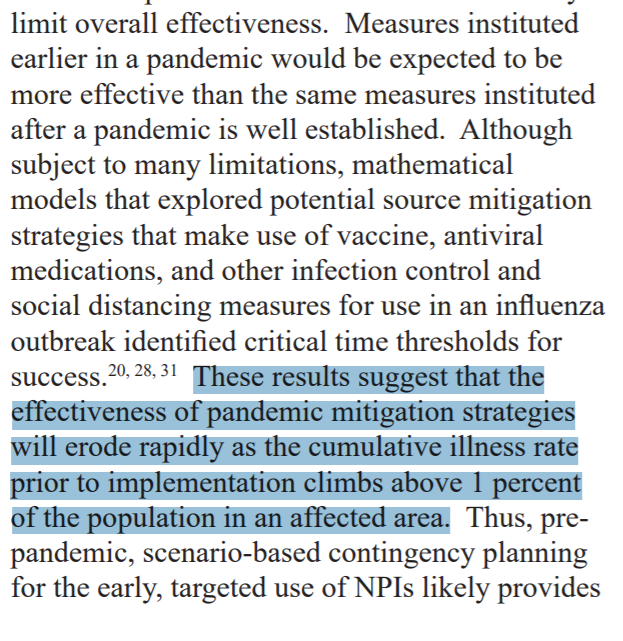 this is a stunning quoteit's from the CDC pre-pandemic planning guidance for use of non-pharmaceutical interventionthey flat out KNEW that lockdowns have rapidly declining effect once infection rates hit 1%they completely missed the window heresmall wonder it didn't work