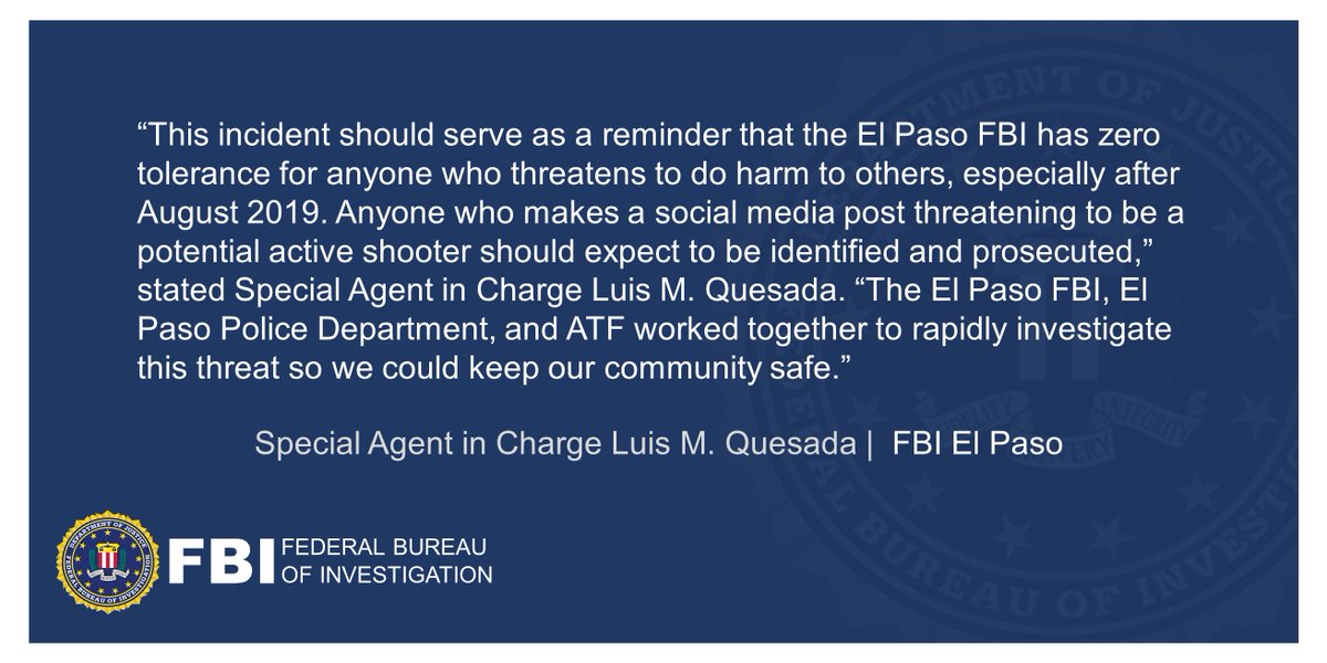 FBIElPaso's tweet photo. The individual that made the social media threats towards the local Walmart stores was arrested by our agents late last night. Thank you to the citizens of El Paso for "Seeing Something and Saying Something" in order to protect our community. #ElPasoStrong https://t.co/SYWLvYoSxT