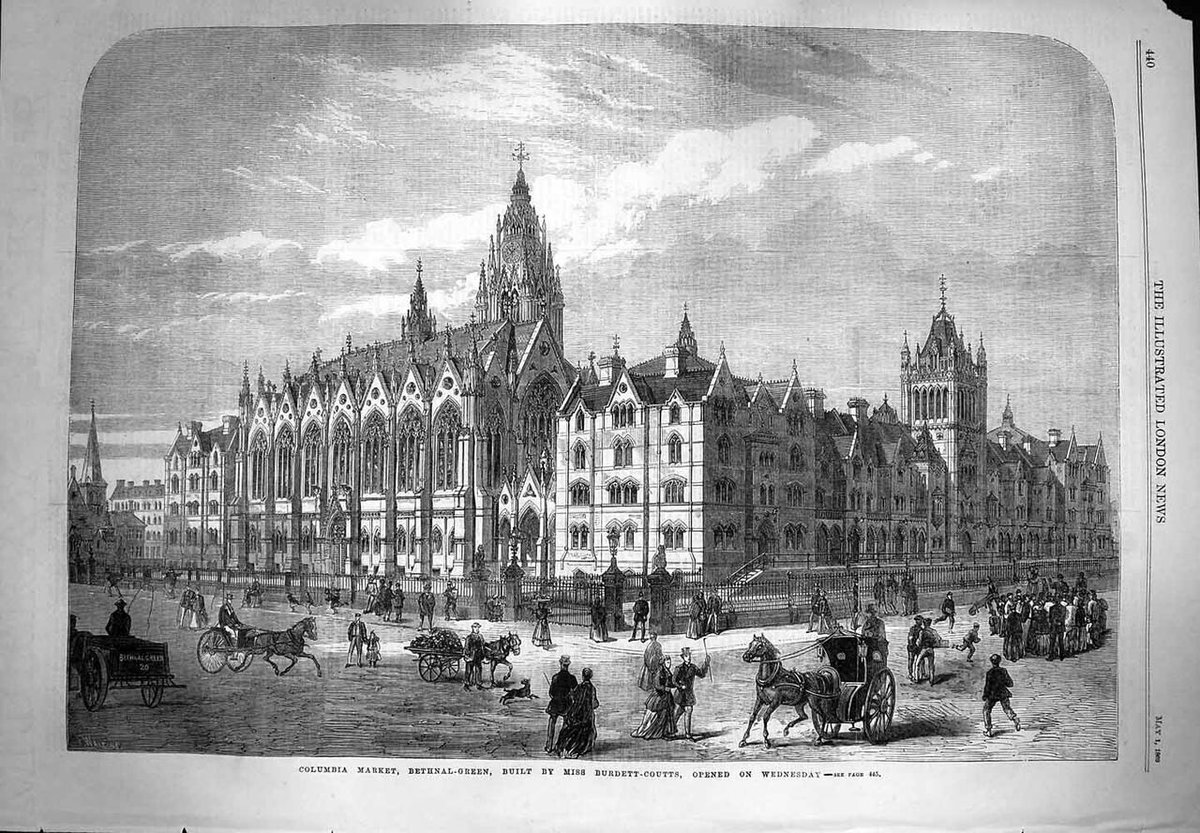 7/ The gates are the vestiges of the Columbia Market, completed in 1868, financed by philanthropist Angela Burden-Coutts and designed by HA Darbishire. The market had 400 stalls, each with their own flat. Abandoned by traders by the 1890s and demolished in 1960.