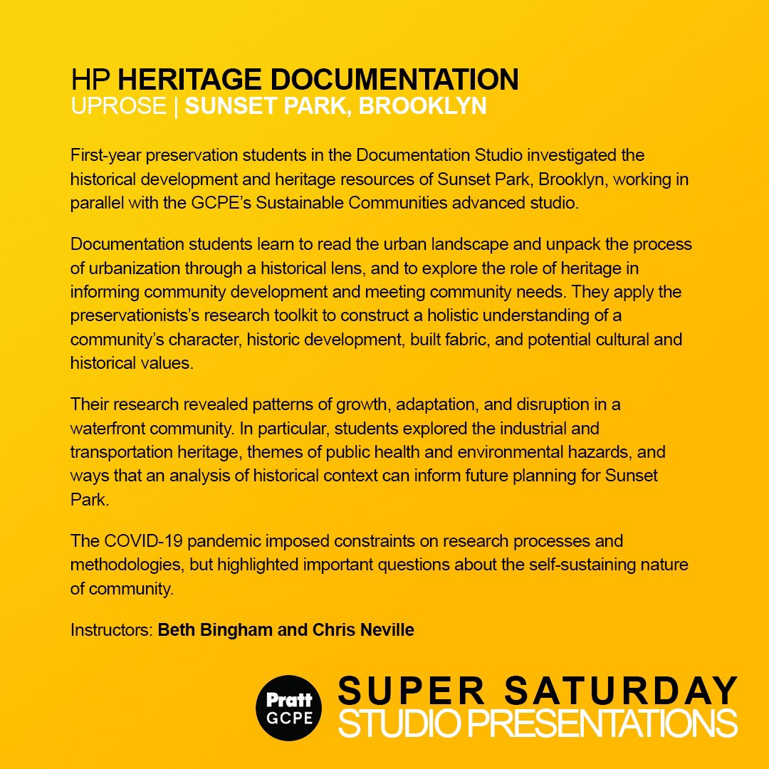 PrattPHPO's tweet photo. SUPER SATURDAY SPRING 2020

Join us TODAY for the final presentations of our introductory, advanced, and international Spring 2020 Studio’s! Hosted for the 1st time virtually, we are proud to promote the HP Heritage Documentation Studio presenting at 12:15pm. 
Facebook Live below https://t.co/T8XQZZ1tTL