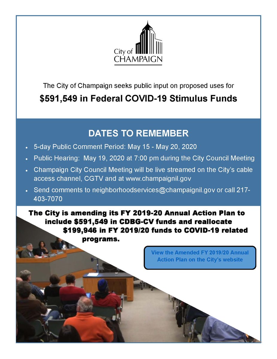 champaigncity's tweet photo. We are seeking input on proposed uses for Federal COVID-19 Stimulus funds. You can view the Amended FY 2019/20 Annual Action Plan at https://t.co/sfWsQoPXME https://t.co/ajEowuk7HF
