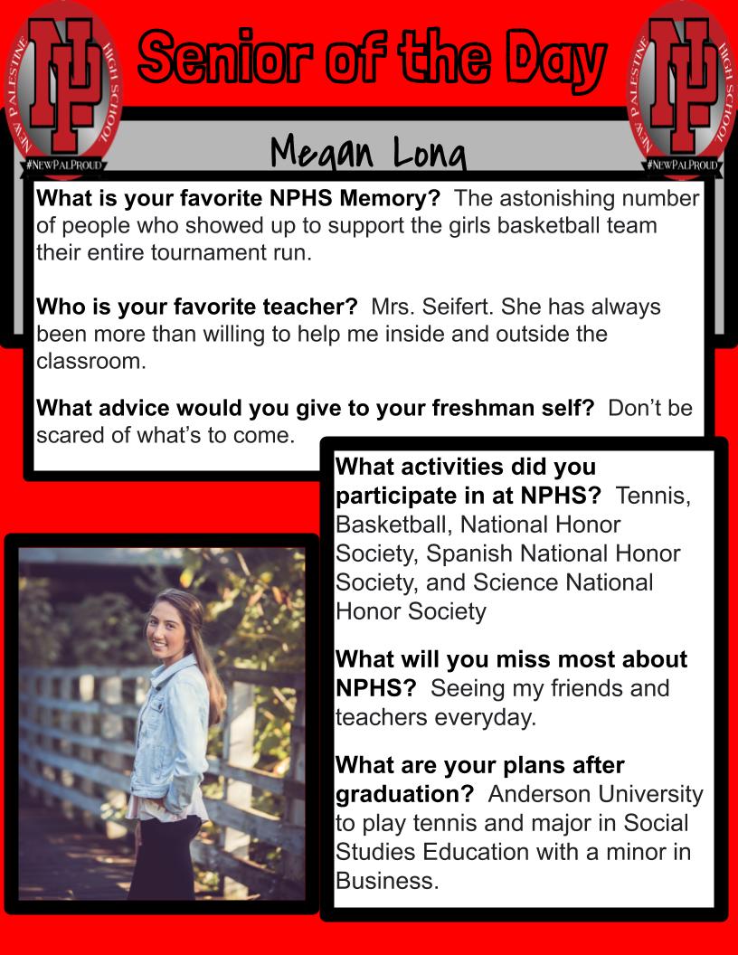 Amy Dawson (@mrsamydawson) on Twitter photo Megan Long is our Saturday Special Senior of the Day! We are #newpalproud of you! <a href="/NPHighSchool/">New Palestine H.S.</a> @SouthernHancock Megan Long is our Saturday Special Senior of the Day! We are #newpalproud of you! <a href="/NPHighSchool/">New Palestine H.S.</a> @SouthernHancock