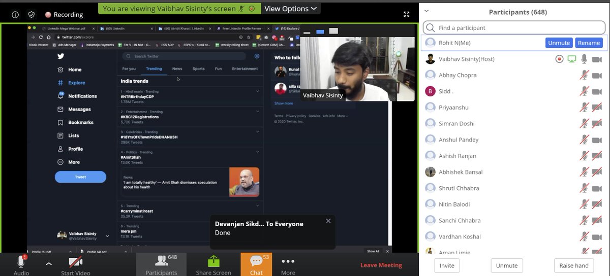 Such a super BIG webinar on a Saturday night! Super crowded. 648 amazing people live. Well done #Vaibhavsisinty #Linkedinworkshop