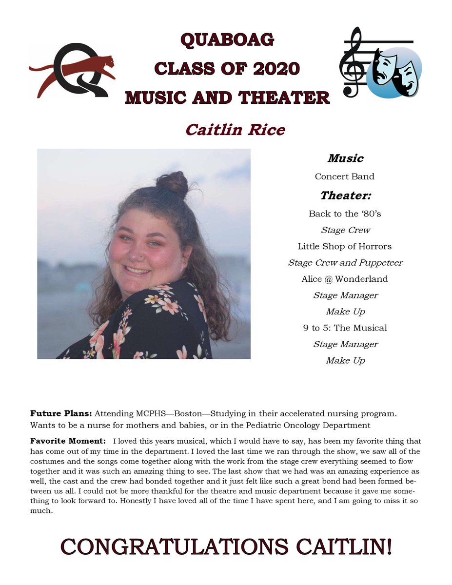 QuaboagMusic's tweet photo. Quaboag Performing Arts Senior Spotlight.  Congratulations Caitlin!
#Classof2020 https://t.co/BaCvnUp2JZ