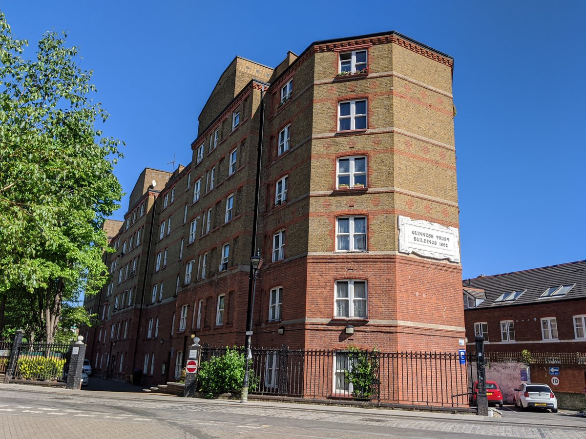 16/ The Guinness Trust Buildings of 1892 are a surviving block of three model tenement blocks designed for by F Pilkington in 1892. The charity was granted £200,000 by Sir Edward Cecil Guinness in 1890 to provide housing for the London poor.