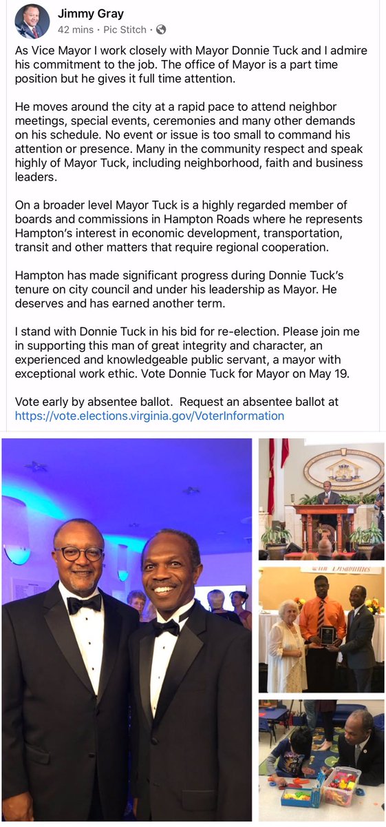 wmoffett757's tweet photo. Hampton Vice-Mayor Jimmy Gray endorses Mayor Tuck
@grayforcouncil @DonnieTuck @CSnead4Council @Billy_Hobbs https://t.co/OHn9V8h93H