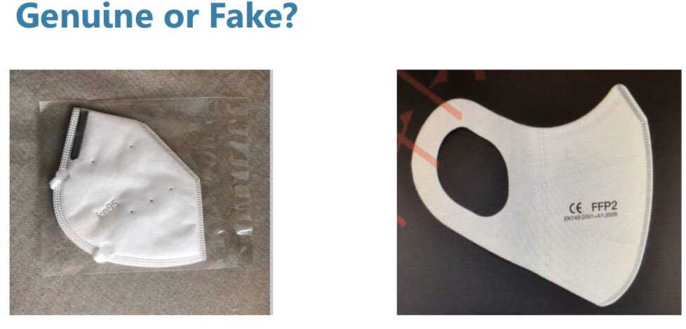 In case you are having trouble spotting fake N95/P2/KN95 facemasks, here is a useful guide.  http://www.bohs.org/wp-content/uploads/2020/05/Spotting-a-Fake-Understanding-FFP-Markings.pdf