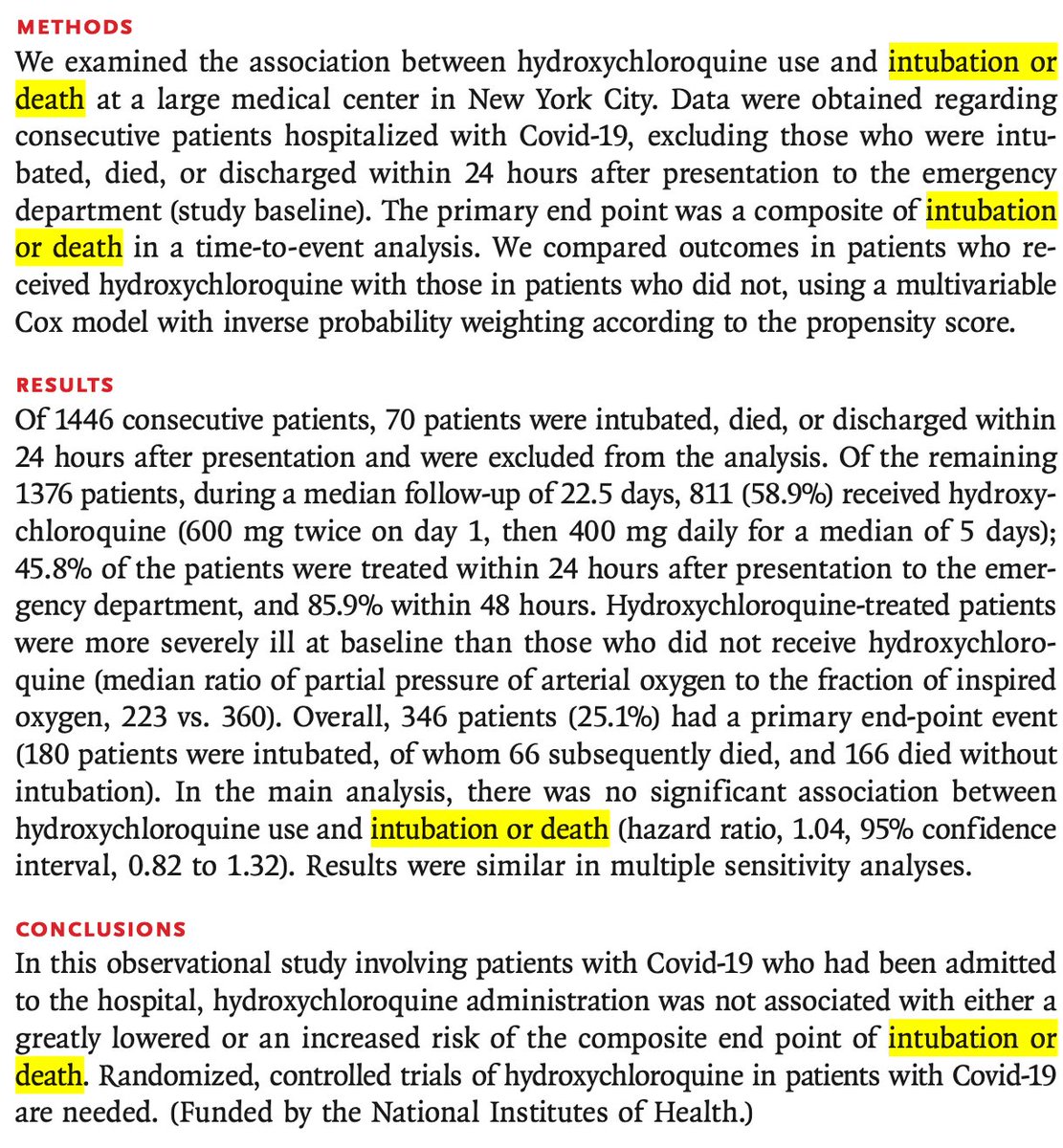 So far, so good.But now, here is the dirty trick. The authors decided to study the “intubation or death” endpoint, AS A WHOLE, which means the “intubation” event, *no matter whether the patient eventually survived* and the “death” event are considered equally.