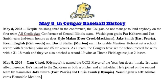ICC_CougarBsbll's tweet photo. Somebody...we're not gonna name names...forgot to push publish on the May 8 in Cougar History. So here's a belated May 8. The '03 and '04 Cougars racked up some well-deserved awards! https://t.co/Z6a0951M2l