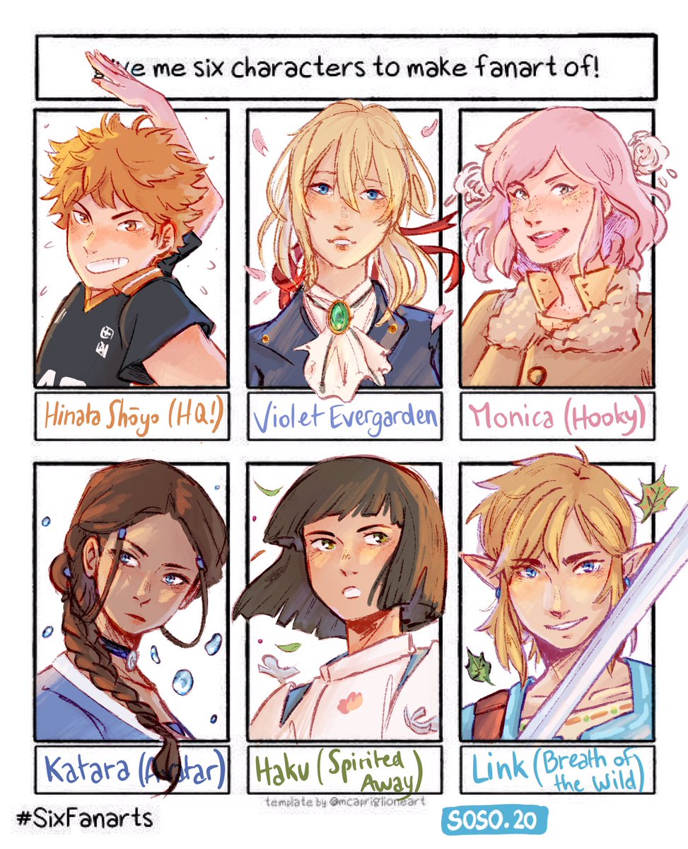 soso_doodles's tweet photo. My #6fanartschallenge !!

#6fanarts #hinatashouyou #VioletEvergarden #PrincessMonica #Hookywebtoon @miriambonastre #monicahooky #Katara #AvatarTheLastAirbender #Haku #SpiritedAway #BreathoftheWild #BOTW #Botwlink #TheLegendofZelda https://t.co/kS1OEOu8kK