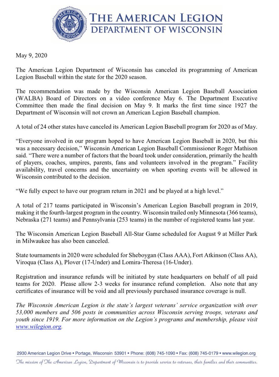 In the interests of the health and safety of our participants and all individuals who come into contact with legion baseball, The American Legion Department of Wisconsin has decided to cancel the 2020 Wisconsin American Legion baseball season.