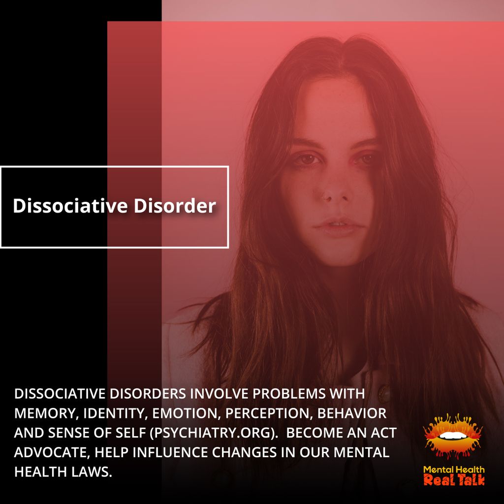 themhrt's tweet image. ACT Advocate:  Dissociative Disorder 

Dissociative disorders involve problems with memory, identity, emotion, perception, behavior and sense of self (psychiatry.org).  Become an ACT Advocate, help influence changes in our mental health laws.  

#signsofdepression