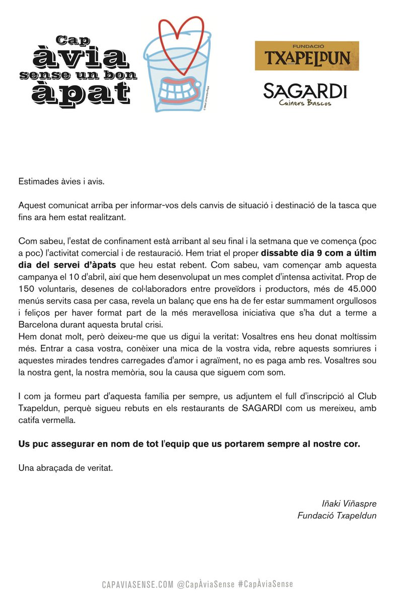 capaviasense's tweet photo. Després d'haver cuinat i repartit més de 45.000 àpats, d'haver format una meravellosa família amb més de 2.000 àvies toca acomiadar-nos.
Volem agrair la generositat de voluntaris i col·laboradors, però sobretot volem fer una gran abraçada a totes les àvies... https://t.co/j8Nm0xZDkp