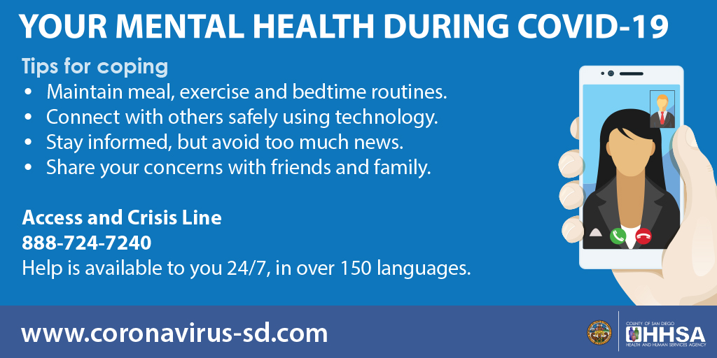 SanDiegoCounty's tweet photo. May is #MentalHealthMonth 

Our Access and Crisis Line is open 24/7 and available in 150 languages.

1-888-724-7240 https://t.co/fZQ0B4dyZd