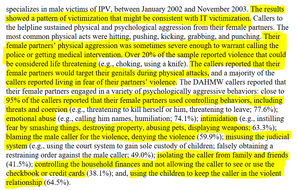 Douglas et Hines avaient mené en 2007 une première étude de grande ampleur sur 190 appels d'hommes victimes de femmes.Les résultats montrent des violences physiques, psy graves, y compris induire la justice en erreur pour accabler l'homme victime