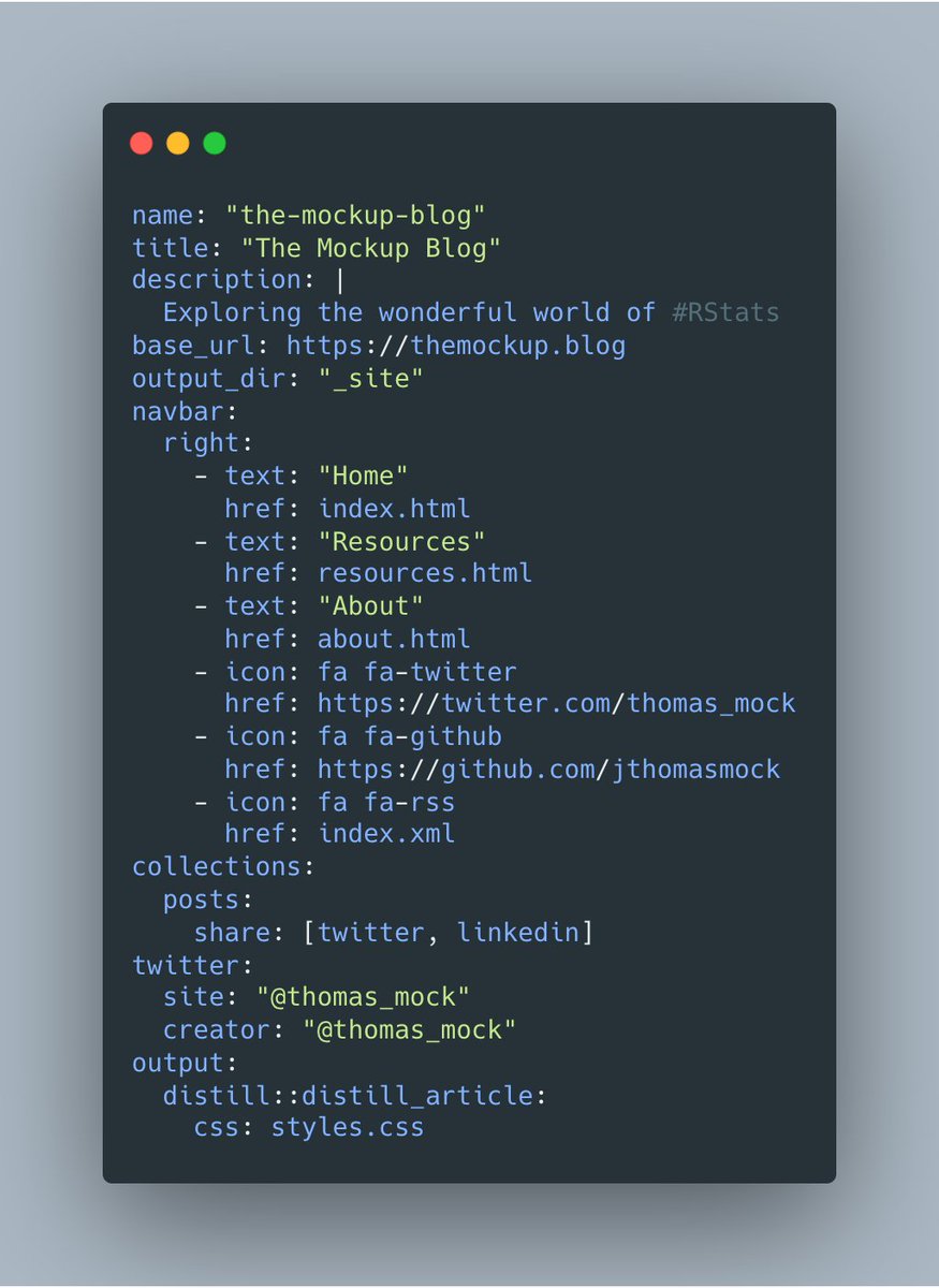 The overall "meta-structure" of assembling sites, posts, etc personally clicked with me a lot more than most blogdown themes, and it's straightforward to add new "tabs" of content to the main site.My YAML which is much "lighter" than my old blogdown site.