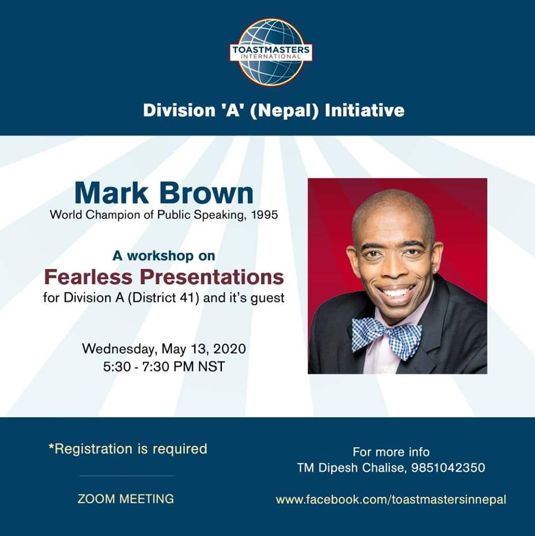AcharyaRanjit's tweet photo. The 1995 World Champion of public speaking Mark Brown will be with Nepal Toastmasters. If interested to attend this workshop then do connect #markbrown #fearlesspresentations https://t.co/fj8WHDcAcs