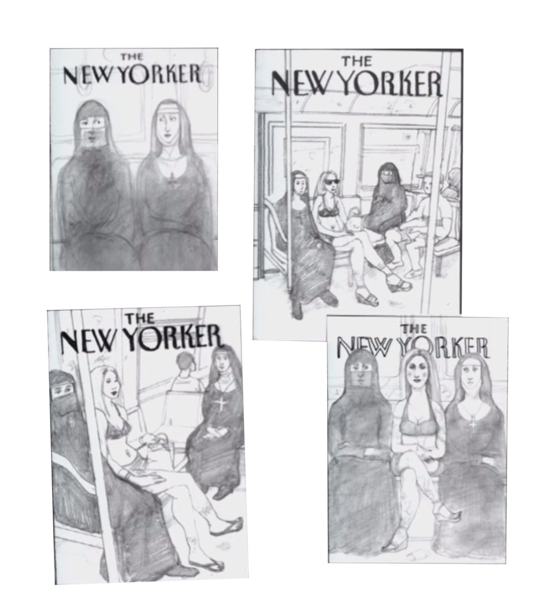 Autre exemple.Les tâtonnements avant d’arriver à l’une des couvertures les plus mythiques du New Yorker, la scène du métro par Anita Kunz. 