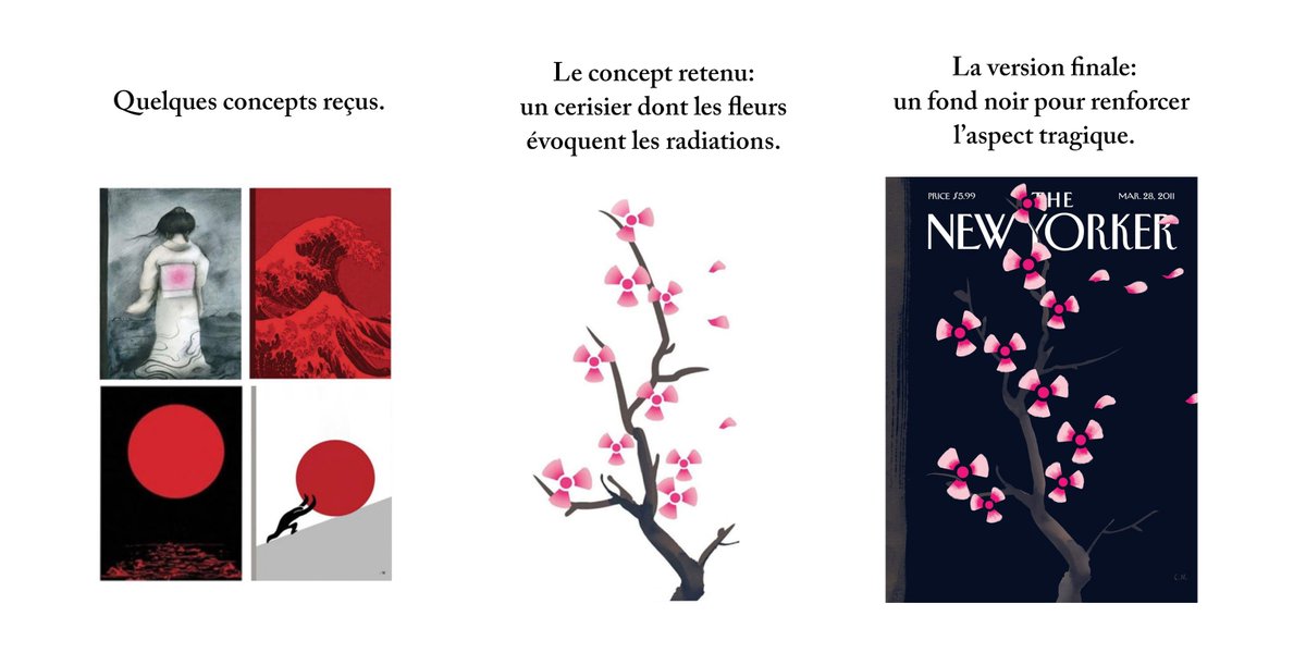 Même si le New Yorker traite rarement de l’actu brûlante, il est obligé d’adapter sa couverture face aux événements exceptionnels.Ce fut par exemple le cas après le tsunami de 2011 au Japon. Voici quelques couvertures proposées au New Yorker, puis celle retenue.