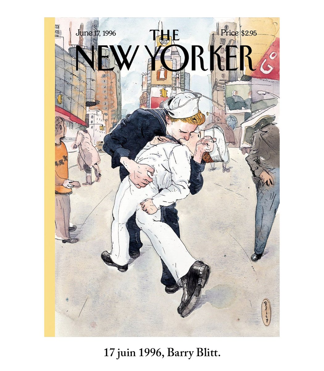 Françoise Mouly et le dessinateur Barry Blitt décident d’appuyer là où ça fait mal.Ils veulent provoquer le débat, que tout le monde parle de ce sujet qui dérange.La couverture du 17 juin 1996 détourne la célèbre photo d’Eisenstaedt: elle montre deux marines qui s’embrassent.