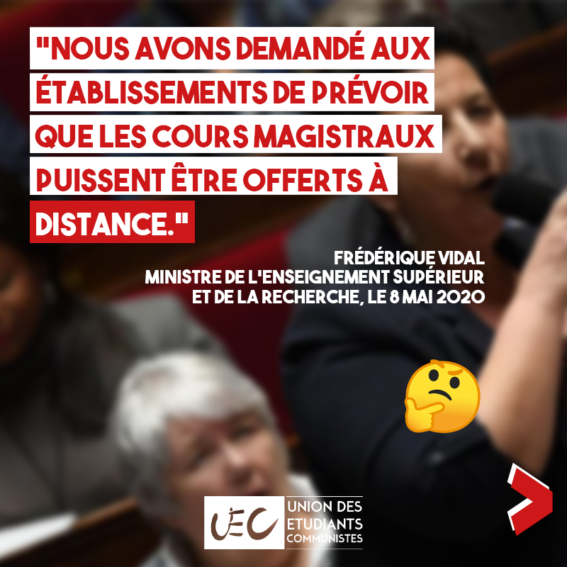 UEC_org's tweet photo. Hier, la ministre de @sup_recherche annonçait son plan pour la rentrée de septembre : dématérialiser les cours magistraux.🤔

On aurait pu croire à un prank😂

On a mieux comme propositions ⤵️ https://t.co/afDb4L79VT