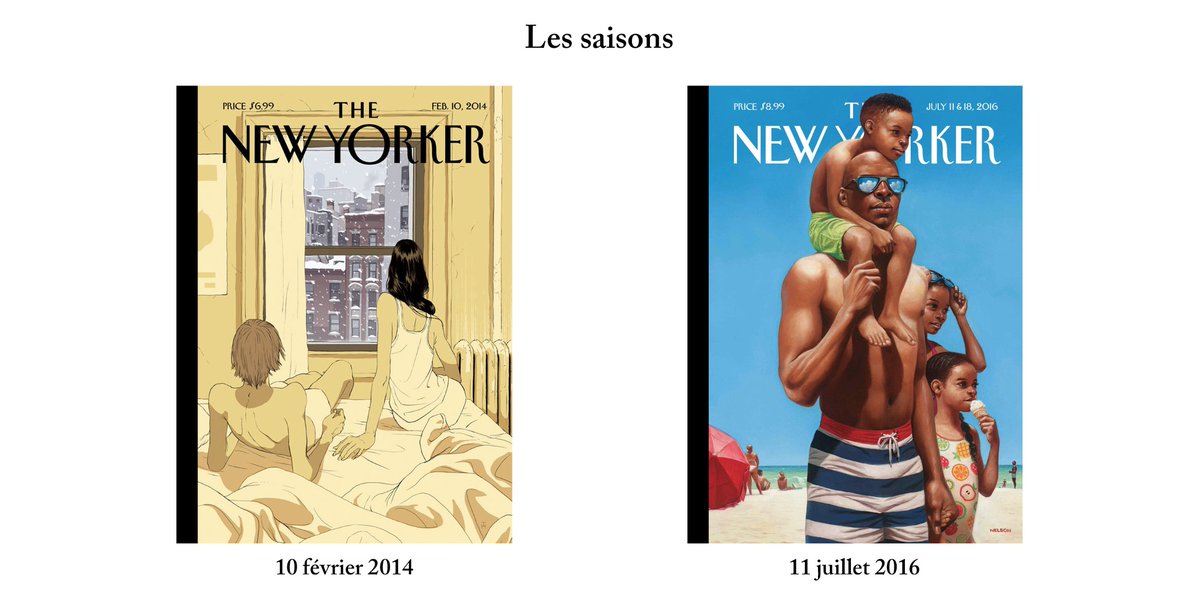 En temps normal, le New Yorker a ses thèmes fétiches:- Changements de saisons- Fêtes des mères, de Noël, d’Halloween- Mariages, couples, baisers- Animaux de compagnie- Livres, musées, cinémaEn somme, les scènes de vie et les mœurs de New York.