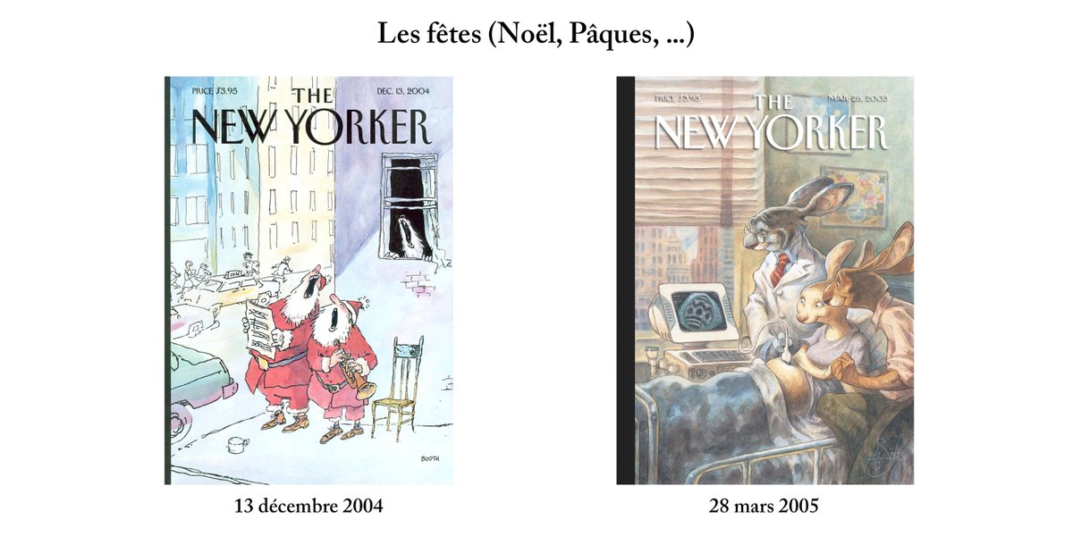 En temps normal, le New Yorker a ses thèmes fétiches:- Changements de saisons- Fêtes des mères, de Noël, d’Halloween- Mariages, couples, baisers- Animaux de compagnie- Livres, musées, cinémaEn somme, les scènes de vie et les mœurs de New York.
