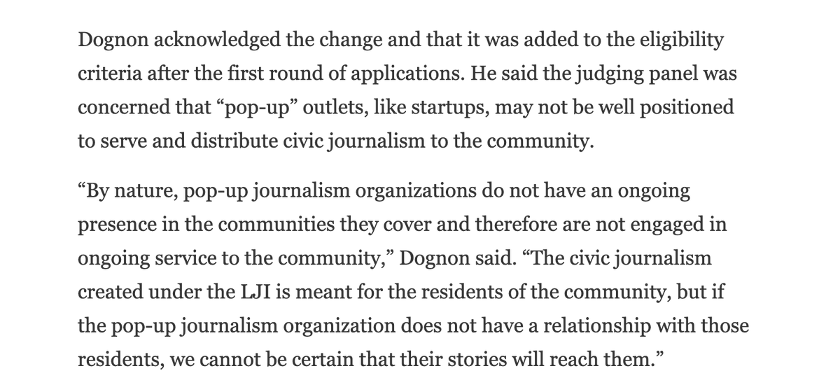 Yesterday,  @NewsMediaCanada gave its side of the story in a  @NiemanLab article. This is the org administering the LJI program for the Canadian government—ostensibly for print AND online media. I'll let you read it.