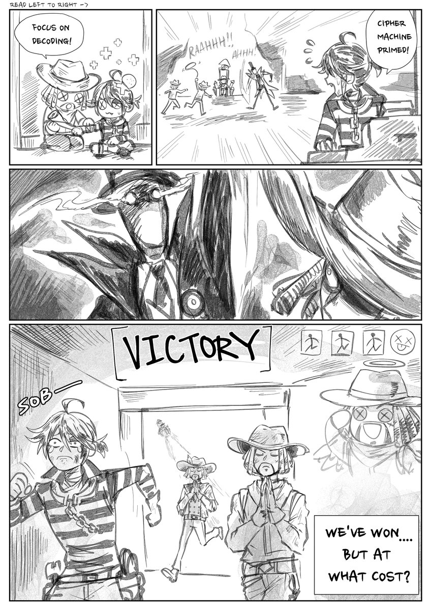 [Read left to right! ->]
Last night I played a quick match as Luca (Prisoner) and was protected by three brave Cowboys??? It made my night and it was so wholesome that I had to draw it out?? #IdentityV 