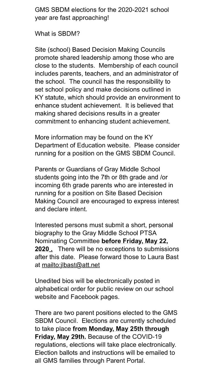 ATTN PARENTS:  SBDM Council elections are coming up!  Please consider sending a bio to show your interest.  This is a great way to get involved in what’s happening at our school!