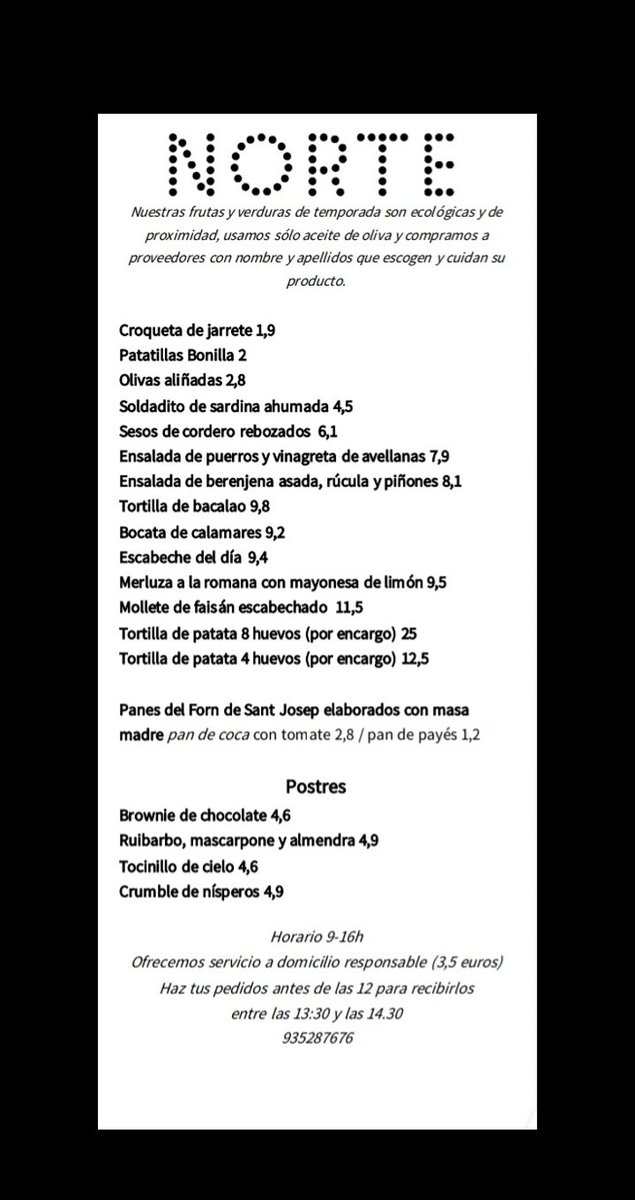 NorteRestaurant's tweet photo. ➡️Puedes también recoger tus pedidos en el local de 9 a 16h
 ☎️ 935287676
Carta de comidas aquí ⬇️. Carta de desayunos arriba ⬆️
¡Ganas de veros! https://t.co/mCiRsQdKol