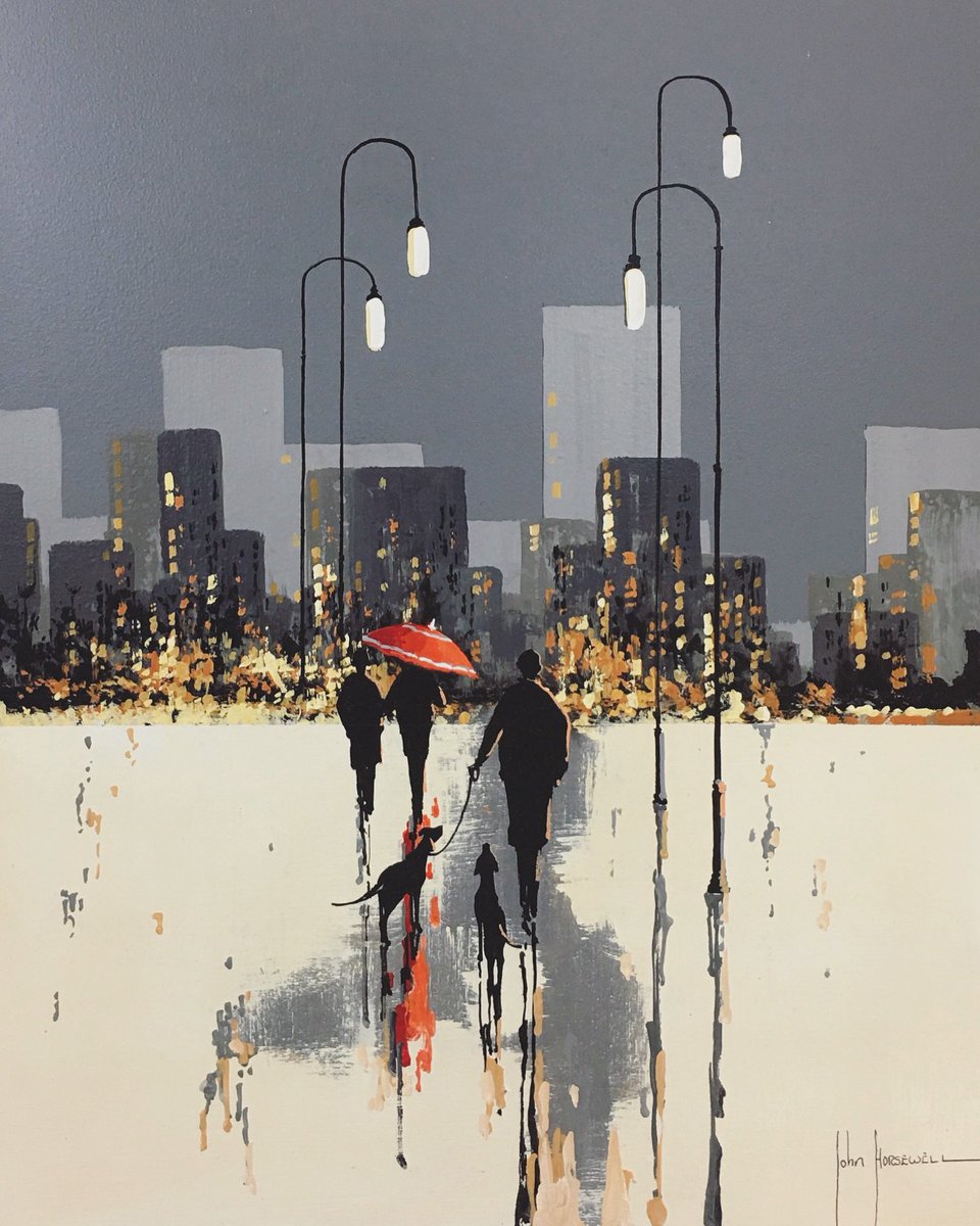 The Red Umbrella... Click to view John’s latest originals: bucksfineart.com/artists/416/jo… #cityscapes #silhouette #walking #theredumbrella