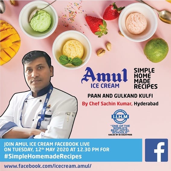 MohammadAsifAz3's tweet photo. Chef Sachin Kumar(Food Production Faculty) of   @IIHMHyderabad  @IIHMHOTELSCHOOL is going to be live on Facebook with @Amul_Coop on 12th of May at 12:30 Pm to share an amazing recipe of "Paan&amp;Gulkand Kulfi" . Set the reminders and join the live session. 
#SimpleHomemadeRecipes https://t.co/Rg0TpBW5TW