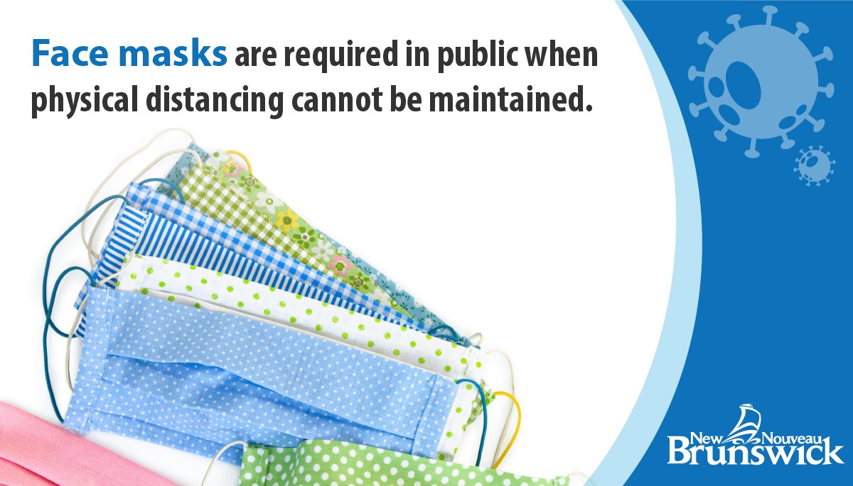 Face masks are required in public when physical distancing is not possible or cannot be maintained.

For more information on wearing or making masks please visit: bit.ly/3cQWq4X