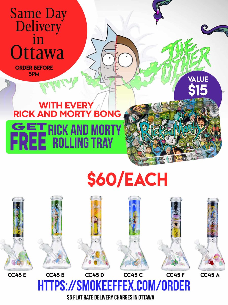 SmokeEffex's tweet photo. FREE Rick and Morty Rolling Tray with EVERY purchase of Rick and Morty Bong! 5 Day SALE only!

$5 Home Delivered in Ottawa. Hurry limited quantities! 🤴 https://t.co/SqOnQs1wjO