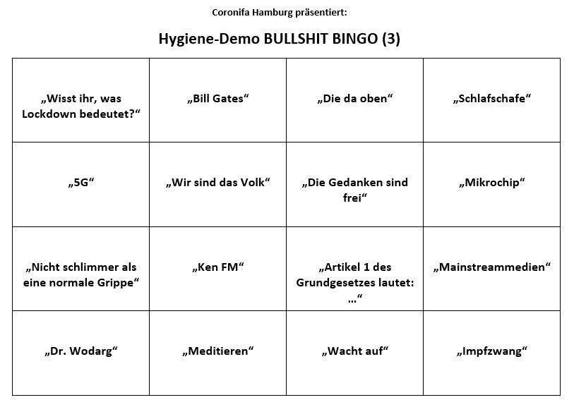 coronifa_hh's tweet photo. Coronifa lädt zum Hygiene-Demo Bullshit Bingo ein - garantiert ein Spaß für die ganze Infektionsgruppe! 
Schnappt euch eure Freund*innen, Stifte, kühles Bier &amp; macht es euch am Rand einer Hygiene-Demo eurer Wahl gemütlich. Mundschutz nicht vergessen! #coronawatchhh #nonazishh https://t.co/zRSjzAbjT3