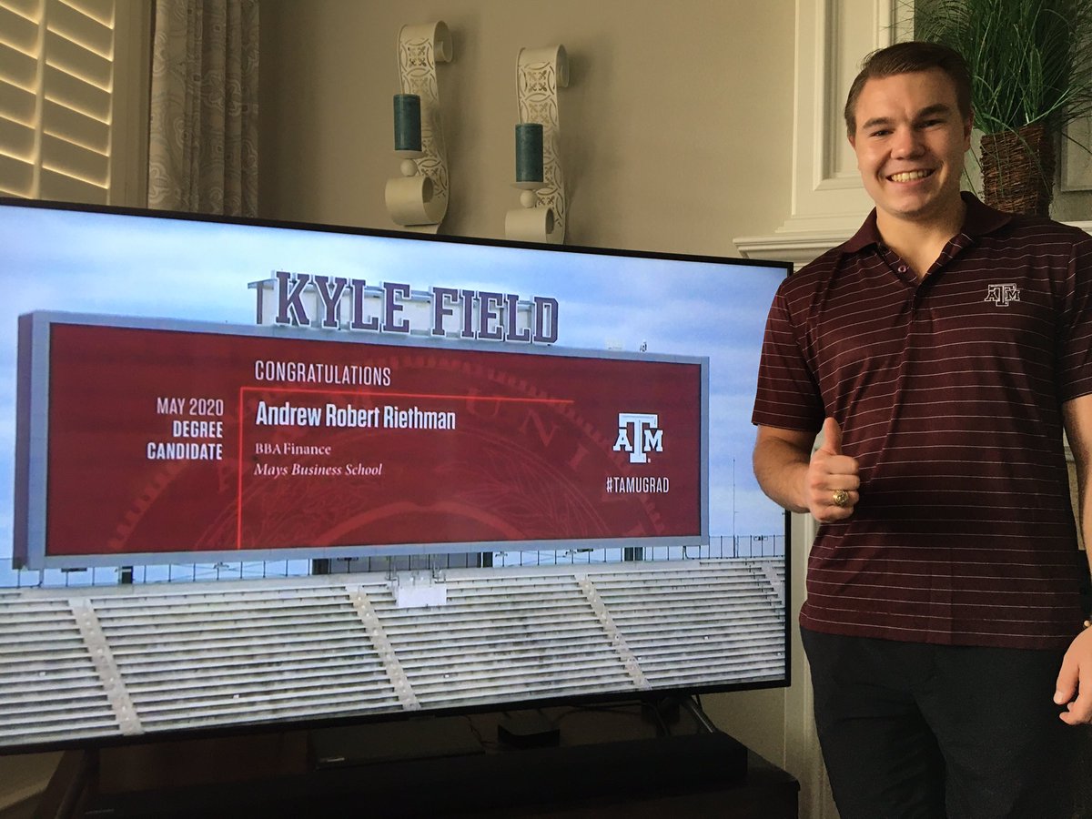 raderintexas's tweet photo. Way to go @drew_riethman ! Now go play your senior year for @AggieFootball and finish your Masters degree in @maysbusiness ! #TAMUgrad https://t.co/0VQbp58K0L