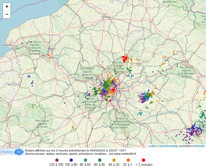 meteo60's tweet photo. Cet #orage s'est acharné sur #Paris 
123 éclairs détectés sur la ville à 23h39, densité de 1.17 / km².
Moyenne en mai depuis 2011: 45 éclairs et densité de 0.43 / km²
Toutes les données sur 
https://t.co/aUjCm3Ihe7 https://t.co/BOwjPl5sV9