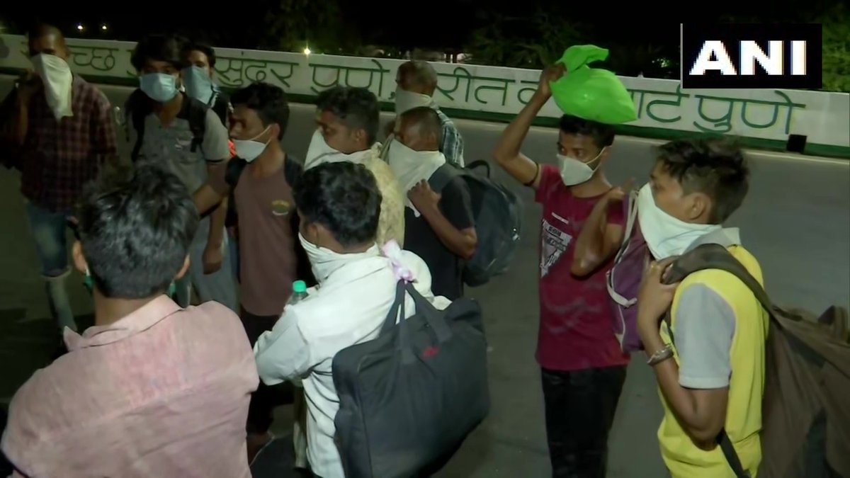 ANI's tweet photo. Maharashtra: A group of migrant workers from UP, living in Pune's Kondhwa, is walking back to their home state - covering a distance of over 1300 km on foot. One of them, Rajesh says, "We've no food left. If we go to our village,we'll at least be able to do farming&amp;eat something" https://t.co/nxsFWszYMh