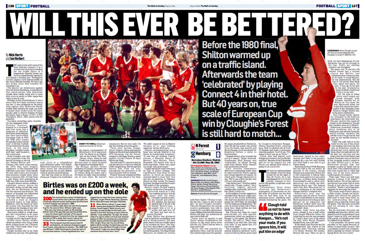 As a sports writer you occasionally work on stories that are an absolutely pleasure from start to finish. And this was one of them. With  @IanHerbs, a piece for the MoS about Forest's 1980 European Cup win, 40 years ago this month https://www.mailonsunday.co.uk/sport/football/article-8303871/40-years-scale-European-Cup-win-Brian-Cloughs-Nottingham-Forest-hard-match.html